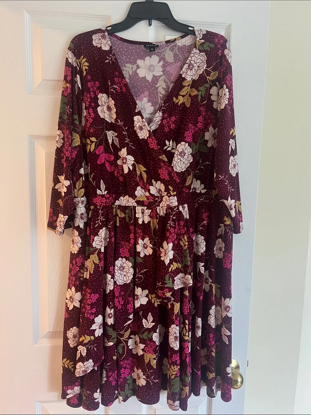 Burgundy Floral Wrap-Style Long Sleeve Dress
